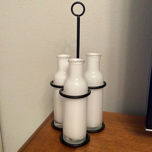 Set of 3 White Glass Vases Black Metal Rack Stand  Hanging or Tabletop